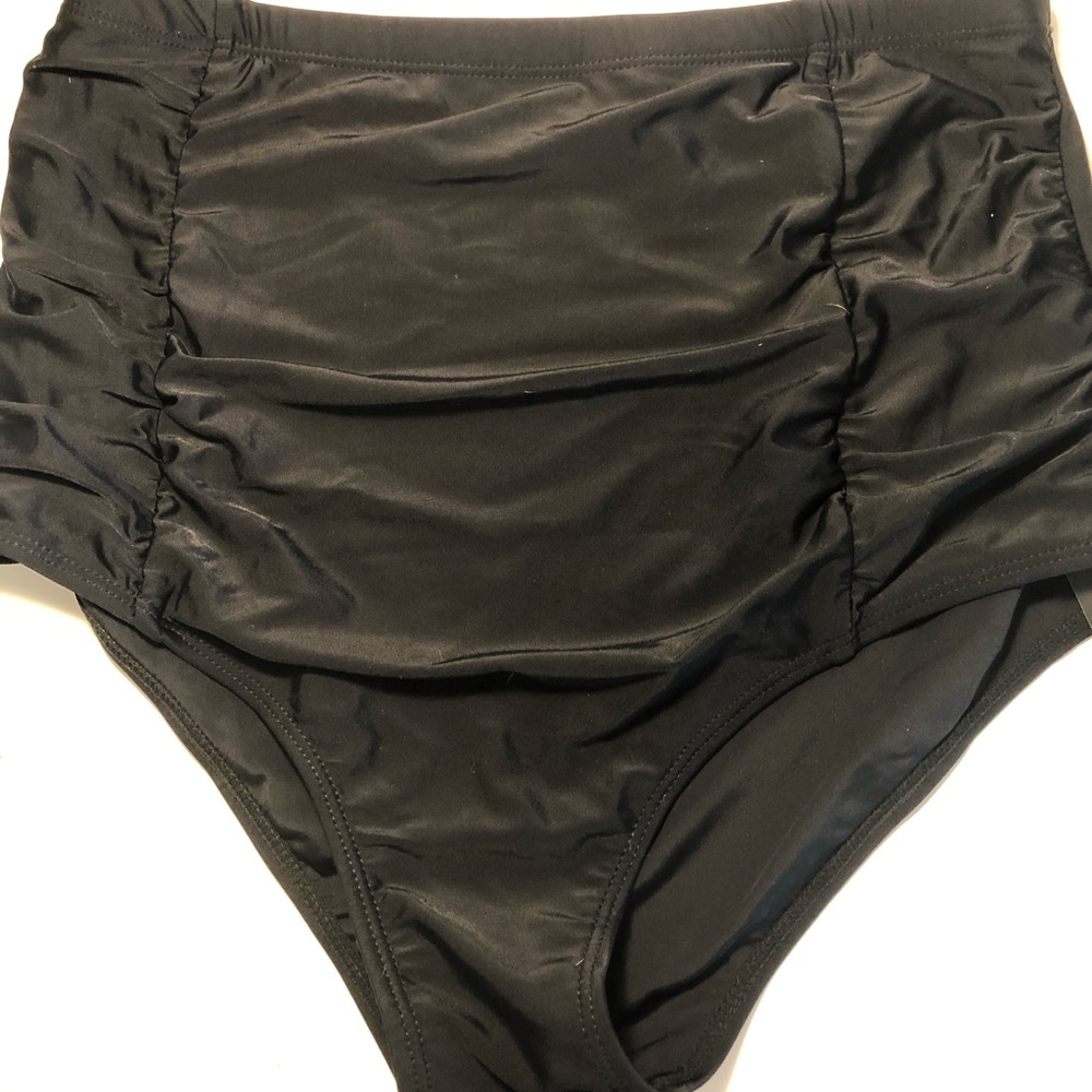 High waisted, ruched, black bikini bottoms. NWT.